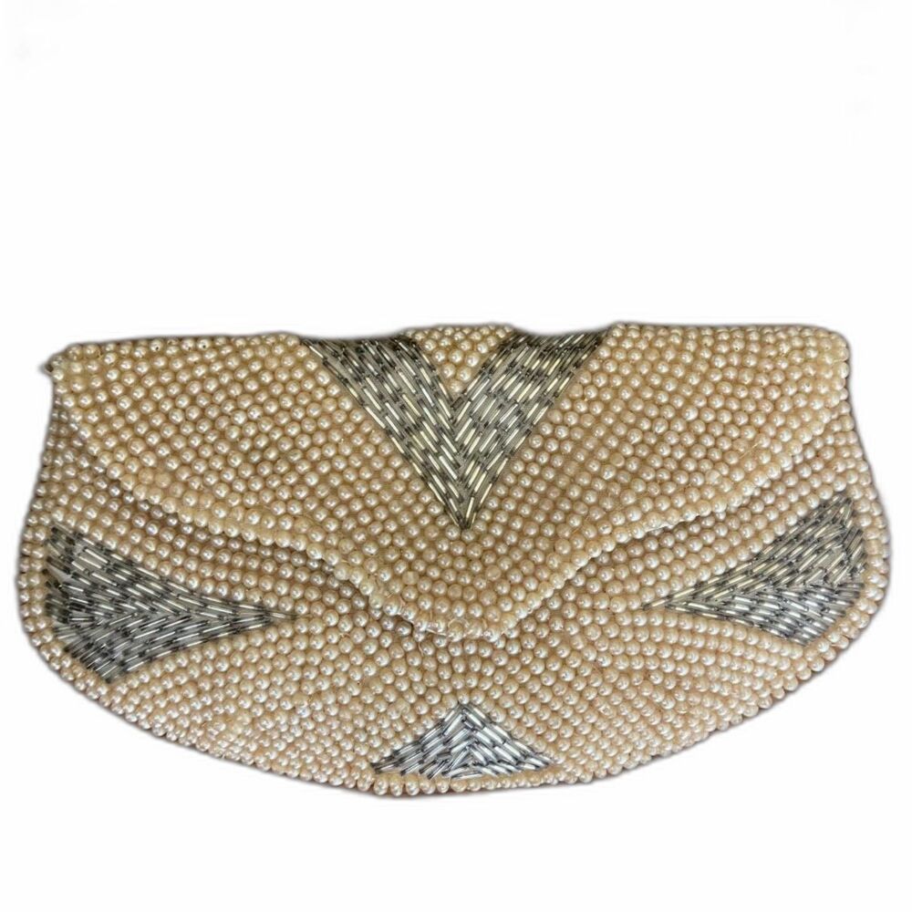 Vintage 1950s Sarne Of California Beaded Clutch Faux Pearl Beaded Purse Bag MCM